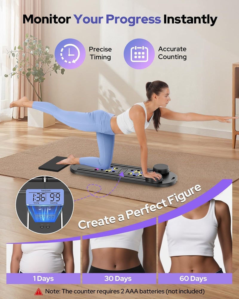 Rayspace Pilates Board, Foldable Pilates Reformer Set 7 in 1 Multi-Purpose pilates equipment for Women Full Body Workouts at Home, Portable Ab Core Trainer, Exercise Board with Timer & Resistance Band - Image 5